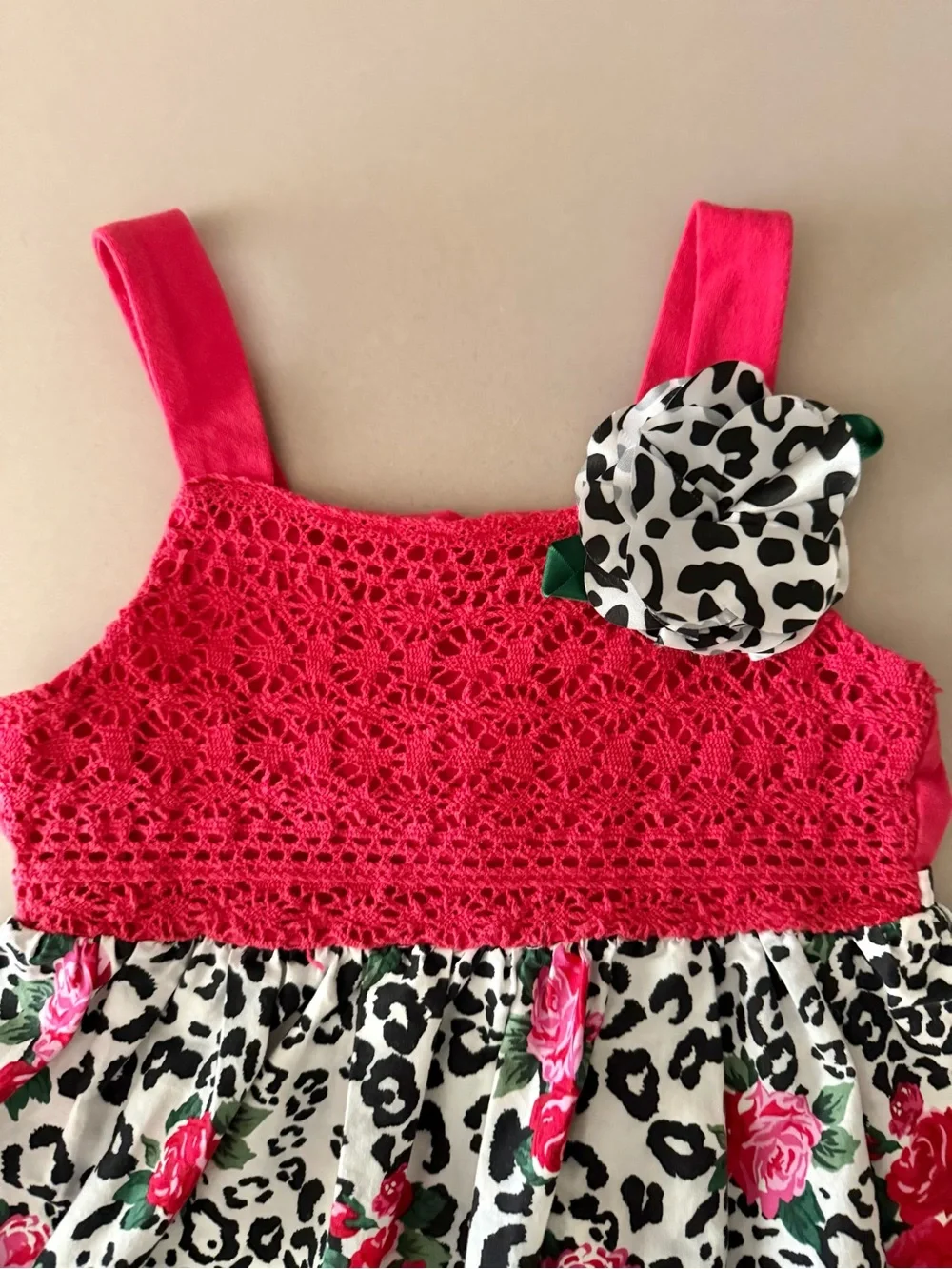Red Pink Crochet-Top Floral Leopard Girls' Sun Dress